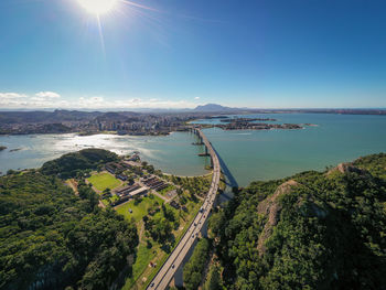 High angle view of road by sea against sky