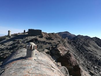 Low angle view of castle against clear blue sky