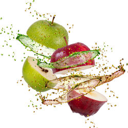 Close-up of apple on plate against white background