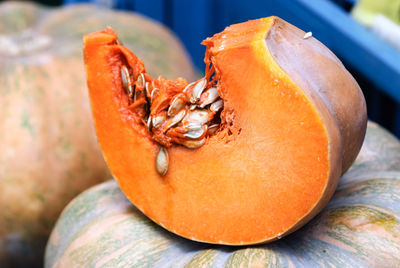 Close-up of pumpkin slice at market