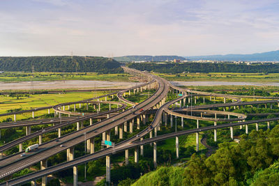 High angle view of railroad tracks against sky