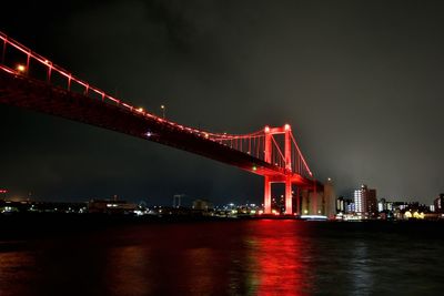 Illuminated bridge over river at night