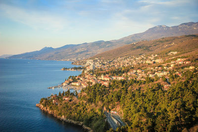 Scenic view of sea and mountains against sky