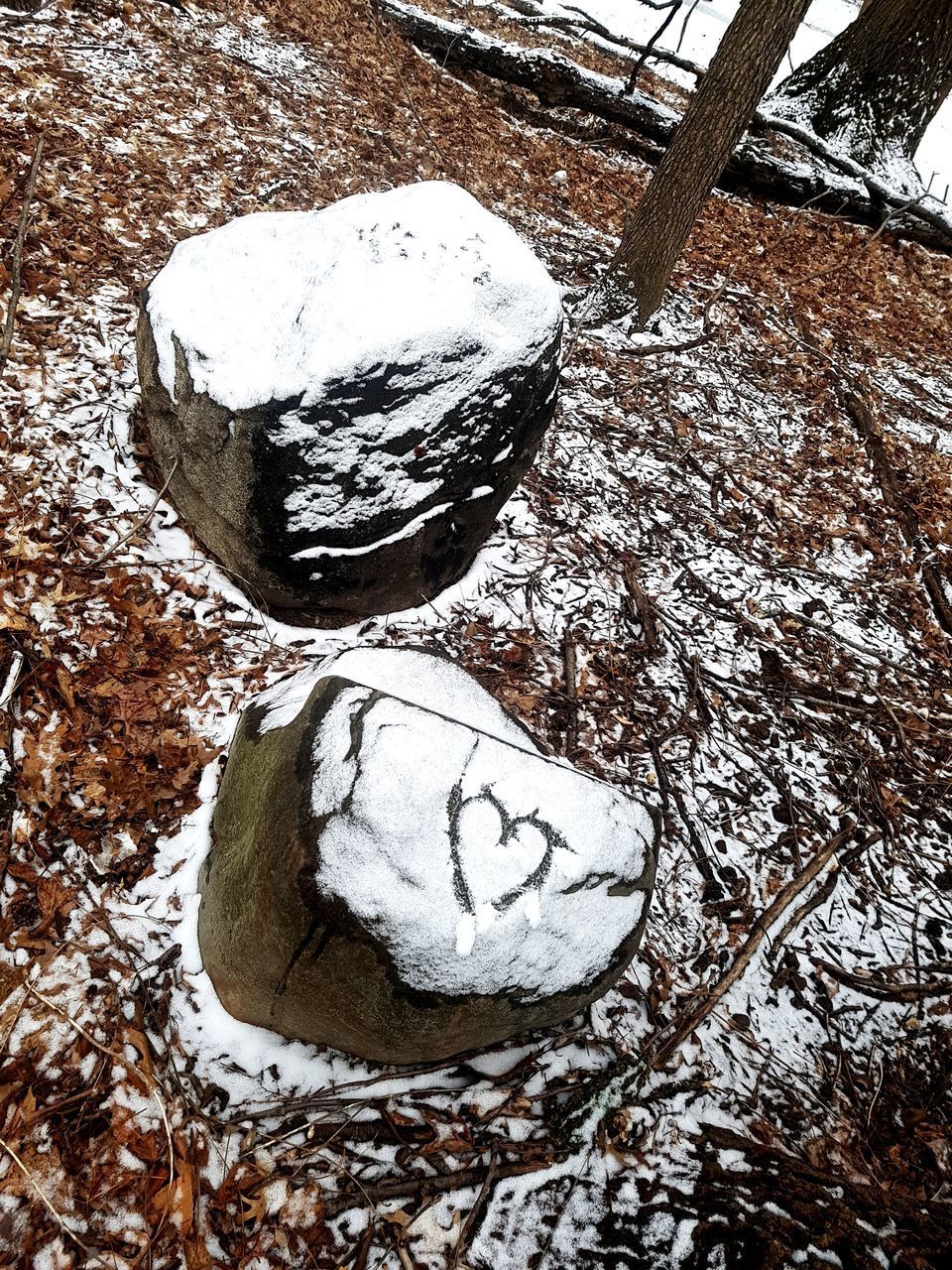 HIGH ANGLE VIEW OF SNOW COVERED ROCK