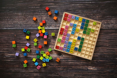 High angle view of toy blocks on table