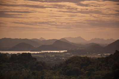 Scenic view of mountains against sky during sunset