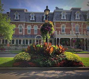 Flowers on lawn by building