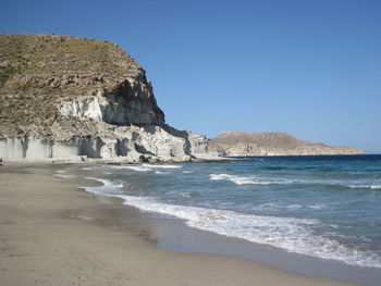 Scenic view of beach against clear sky