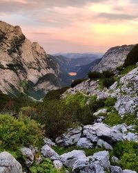 Scenic view of mountains against sky during sunset