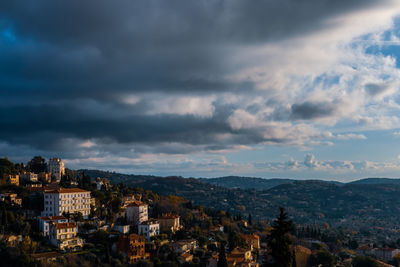 Aerial view of city against cloudy sky