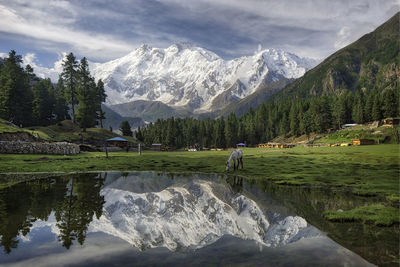 Scenic view of lake and mountains against sky