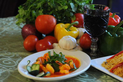 Close-up of fruits in plate on table