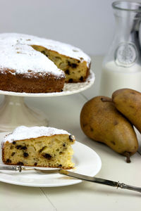 Close-up of cake served on table