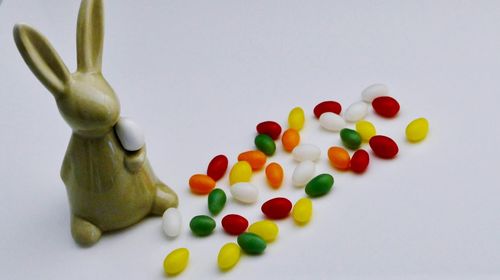 High angle view of multi colored candies against white background