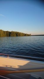 Scenic view of lake against clear blue sky