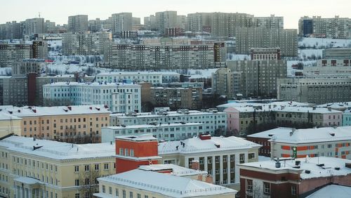 High angle view of buildings in city