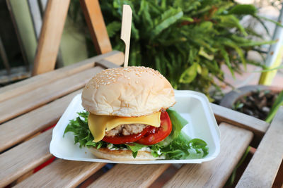 Close-up of burger on table