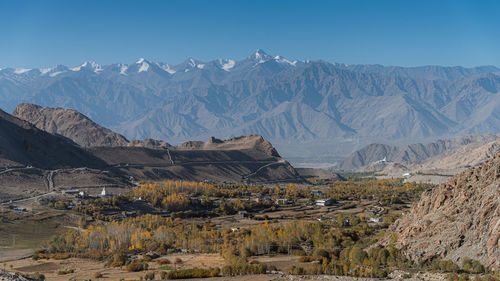 Scenic view of snowcapped mountains against clear sky