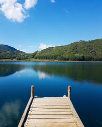 Scenic view of lake against blue sky