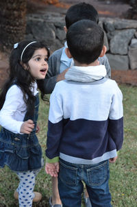 Siblings talking on field