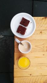 High angle view of breakfast served on table