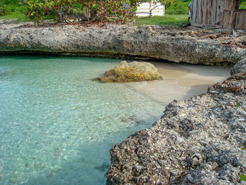 High angle view of rocks by lake