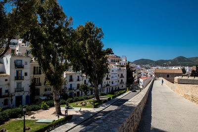 Trees and buildings against blue sky