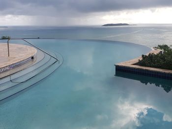 Aerial view of swimming pool by sea against sky