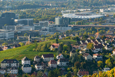 High angle view of buildings in city