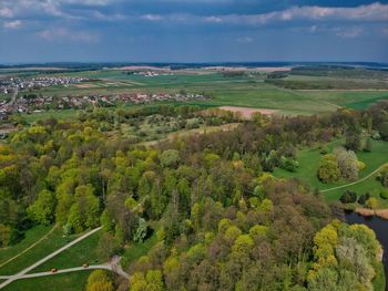 High angle view of trees on landscape against sky