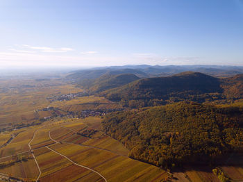 High angle view of field against sky