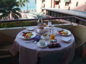 High angle view of breakfast served on table