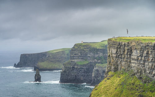 Seabird flying over iconic cliffs of moher with obriens tower on far distance, ireland