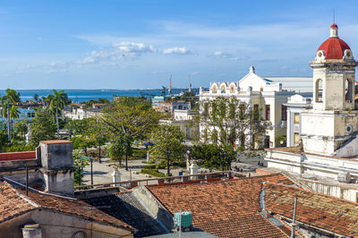 High angle view of town against sky