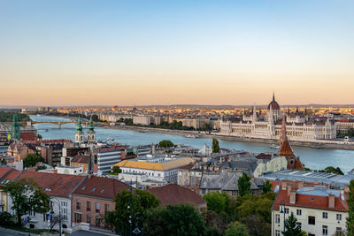 High angle view of budapest at sunset