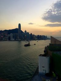 View of city at waterfront during sunset