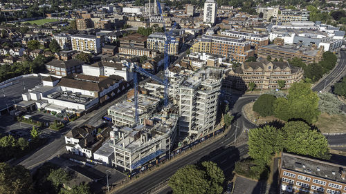 High angle view of buildings in city