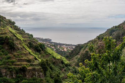 Scenic view of mountains by sea against sky