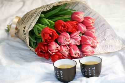 High angle view of rose bouquet on table