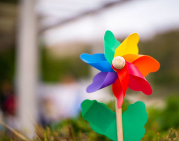 Rainbow colored pinwheel closeup at park