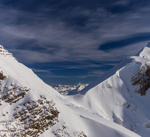 Scenic view of snow covered mountains against sky