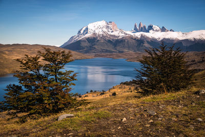 Scenic view of snowcapped mountains against sky