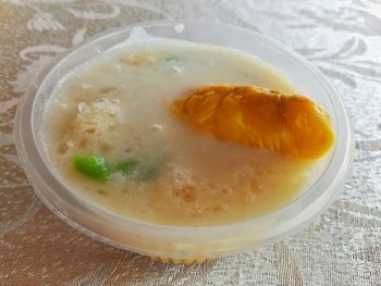 High angle view of soup in bowl on table