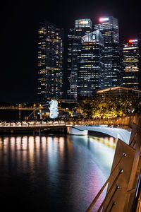 Illuminated modern buildings by river against sky at night