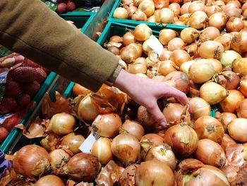 Cropped hand of woman buying onions at market stall
