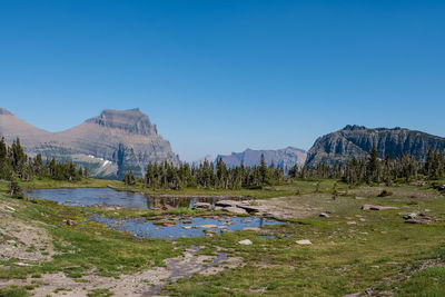 Scenic view of lake against clear blue sky