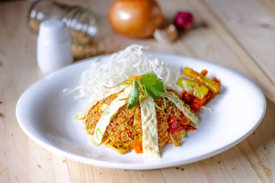 High angle view of food in plate on table