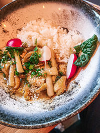 High angle view of meal served in bowl