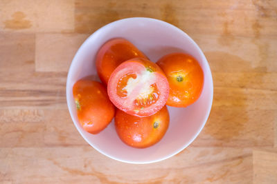 High angle view of fruits in bowl on table