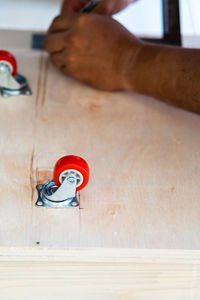 High angle view of man working on table